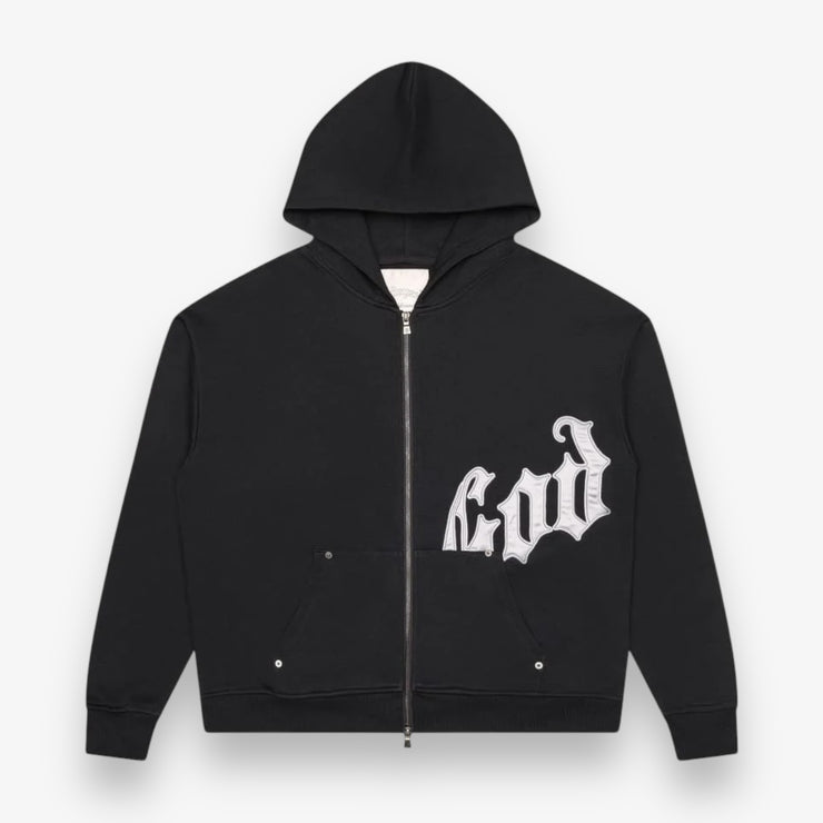 Godspeed OG Logo Zip Up Hoodie V2 Black Silver Satin