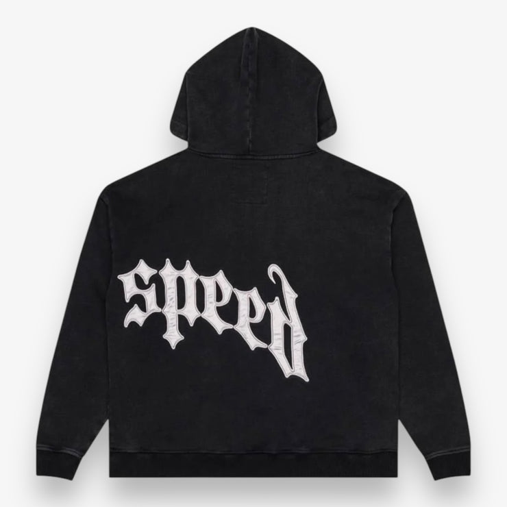 Godspeed OG Logo Zip Up Hoodie V2 Black Wash Silver Satin