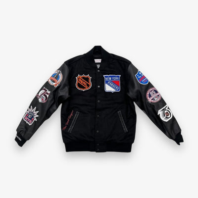 Mitchell & Ness New York Rangers Black Out Collection Varsity Jacket Vintage Logo