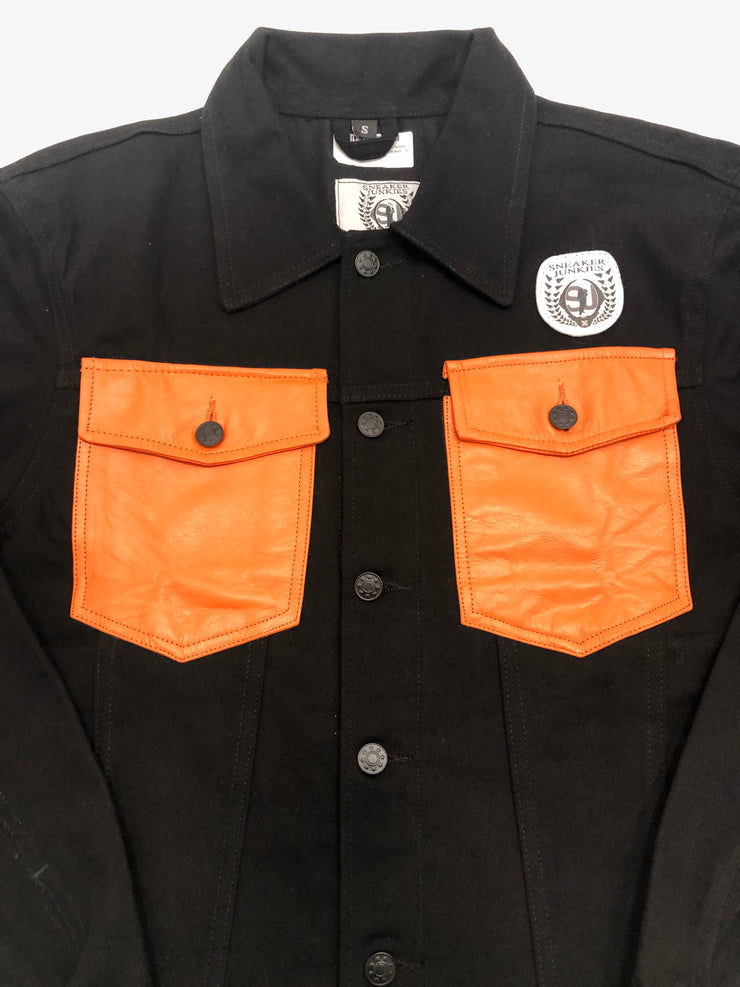 Sneaker Junkies Black Denim Jacket orange leather pocket