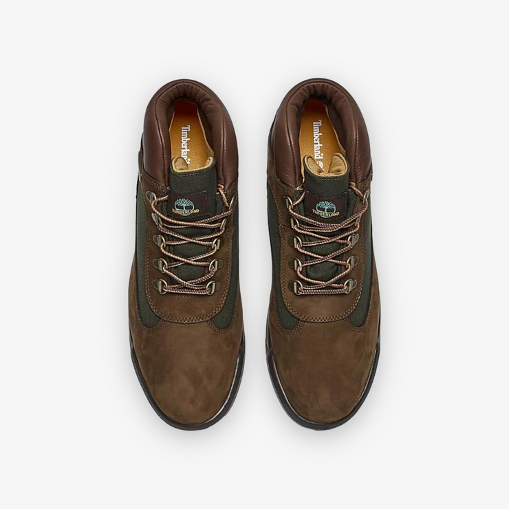Brown and green timberland top field boots